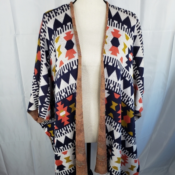 Wild Pearl Aztec Design Open Front Cardigan Lagen Look Blue & Orange Knit Sz M. - Picture 1 of 16
